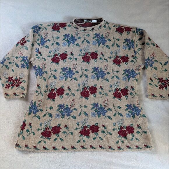 Vintage Floral Knit Mock Neck Sweater Women's 2XL Beige Patterned 80s - Picture 2 of 6